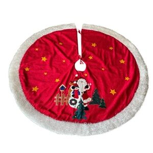 Red Santa Christmas Tree Skirt Stars & White Faux Fur Trim Prima Creations